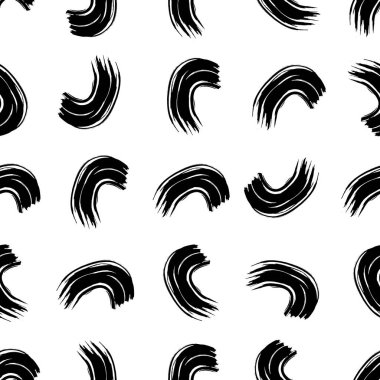Seamless pattern with black wavy grunge brush strokes in abstract shapes on white background. Vector illustration