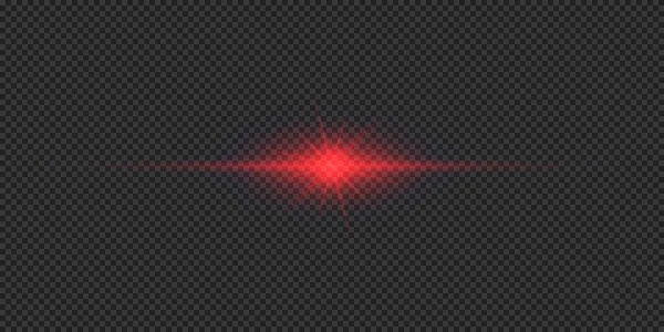 Lens fişeklerinin ışık etkisi. Gri şeffaf arkaplanda parıldayan kırmızı yatay ışık patlaması efekti. Vektör illüstrasyonu