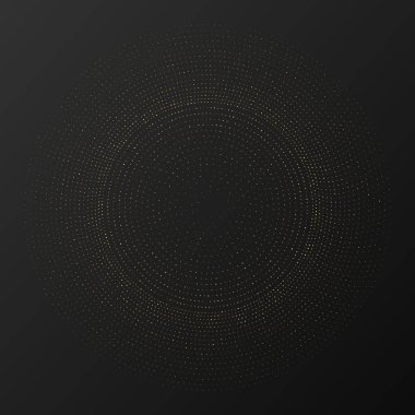 Soyut altın parlayan yarım tonlu noktalı arkaplan. Daire şeklinde altın parıltı deseni. Yarım ton noktalarını çember yapın. Vektör illüstrasyonu