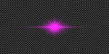 Lens fişeklerinin ışık etkisi. Mor yatay parlak ışık patlaması efekti. Gri şeffaf arkaplanda parıltılar var. Vektör illüstrasyonu