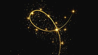 Altın parıldayan konfeti dalgası ve yıldız tozu. Koyu arkaplanda altın sihirli parıltılarla arka plan. Vektör illüstrasyonu