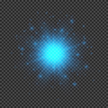 Lens fişeklerinin ışık etkisi. Şeffaf bir arka planda parıldayan mavi ışıklar yıldız patlaması efektleri. Vektör illüstrasyonu