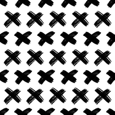 Elle çizilmiş çapraz sembollü kusursuz desen. Beyaz arka planda siyah çizim işareti. Vektör illüstrasyonu