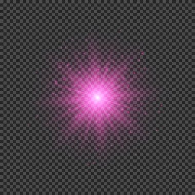 Lens fişeklerinin ışık etkisi. Mor parlak ışık efektleri ve şeffaf bir arka planda parıltılar. Vektör illüstrasyonu