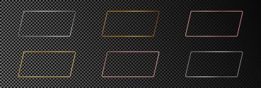 Koyu şeffaf arka planda izole edilmiş altı adet altın, gümüş ve gül sarısı, yuvarlak, paralel kenarlı çerçeve. Parlak efektli parlak bir çerçeve. Vektör illüstrasyonu