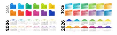 2026 için dört yatay takvim seti beyaz arka planda izole edildi. Pazardan pazartesiye, iş planı. Vektör illüstrasyonu