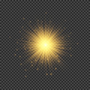 Lens fişeklerinin ışık etkisi. Şeffaf arkaplanda parıldayan turuncu ışıklar yıldız patlaması efektleri. Vektör illüstrasyonu