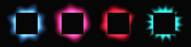 Kare çerçeveleri gradyanla aydınlat. Siyah arkaplanda dört tane çok renkli neon pankart var. Vektör illüstrasyonu