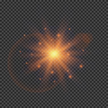 Lens fişeklerinin ışık etkisi. Şeffaf arkaplanda parıldayan turuncu ışıklar yıldız patlaması efektleri. Vektör illüstrasyonu