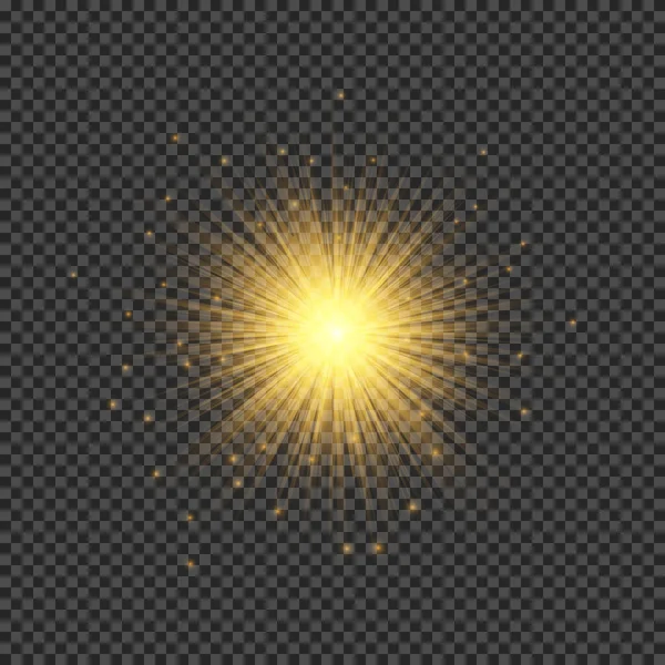 Lens fişeklerinin ışık etkisi. Şeffaf arkaplanda parıldayan turuncu ışıklar yıldız patlaması efektleri. Vektör illüstrasyonu