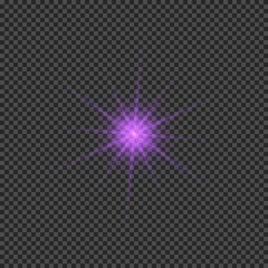 Lens fişeklerinin ışık etkisi. Mor parlak ışık efektleri ve şeffaf bir arka planda parıltılar. Vektör illüstrasyonu