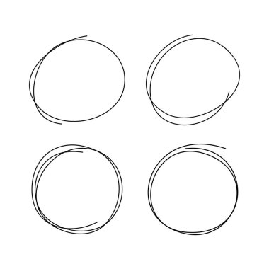 Soyut, minimalist tarzda dört adet el çizimi daireler. Dağınık yuvarlak çizgi şekilleri modern grafik tasarım, markalaşma, sunumlar, sosyal medya iletileri ve yaratıcı çizimler için mükemmeldir. Vektör illüstrasyonu