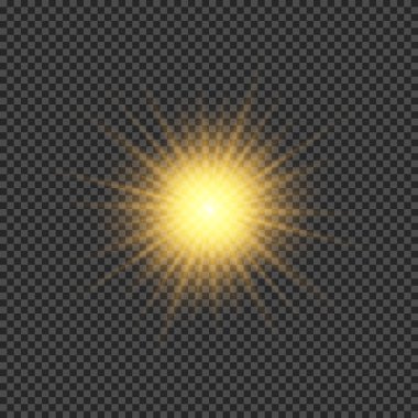 Lens fişeklerinin ışık etkisi. Şeffaf arkaplanda parıldayan turuncu ışıklar yıldız patlaması efektleri. Vektör illüstrasyonu