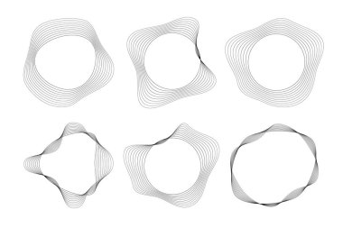 Dinamik dalgalı çizgili altı yuvarlak kıvrımlı ses dalgaları. Beyaz arka planda siyah dalgalı daireler koleksiyonu. Tasarım elemanı. Vektör illüstrasyonu