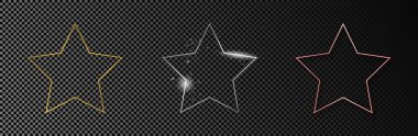 Üç adet altın, gümüş ve gül rengi parıldayan yıldız şeklindeki çerçeve koyu şeffaf arkaplanda izole edilmiş. Parlak efektli parlak bir çerçeve. Vektör illüstrasyonu