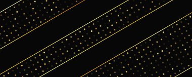 Soyut altın çizgileri ve parlak noktaları olan gösterişli, koyu bir arka plan. Işıldayan pırıltılı arkaplan. Modern şablonlar için şık ve zarif bir tasarım. Vektör illüstrasyonu