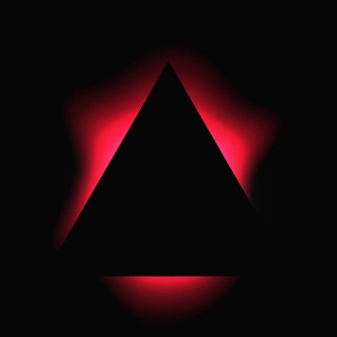 Üçgen çerçeveyi gradyanla aydınlat. Siyah arkaplanda kırmızı üçgen neon pankart var. Vektör illüstrasyonu