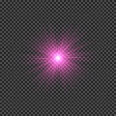 Lens fişeklerinin ışık etkisi. Mor parlak ışık efektleri ve şeffaf bir arka planda parıltılar. Vektör illüstrasyonu