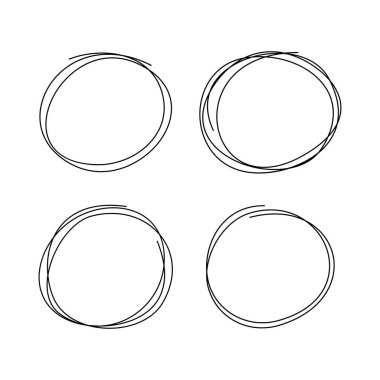 Soyut, minimalist tarzda dört adet el çizimi daireler. Dağınık yuvarlak çizgi şekilleri modern grafik tasarım, sunumlar ve sosyal medya paylaşımları için mükemmeldir. Vektör illüstrasyonu
