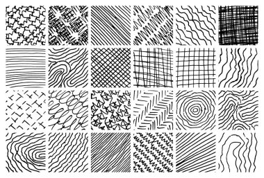 Büyük tek renkli el yapımı çapraz kapaklı dokular. Homurdanma ve taslak çizimleri, karalamalar, karalamalar ve çizim tarzı şablonlar. Vektör illüstrasyonu