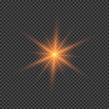 Lens fişeklerinin ışık etkisi. Şeffaf arkaplanda parıldayan turuncu ışıklar yıldız patlaması efektleri. Vektör illüstrasyonu