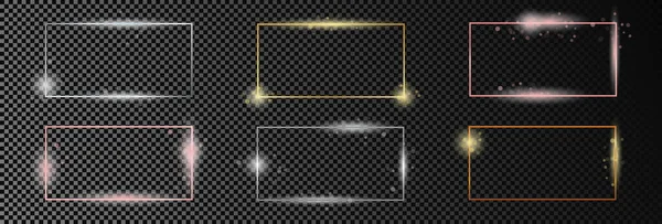 Koyu şeffaf arkaplanda izole edilmiş altı altın, gümüş ve gül sarısı dikdörtgen şekilli çerçeve. Parlak efektli parlak bir çerçeve. Vektör illüstrasyonu