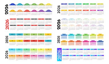 2026 için sekiz yatay takvim seti beyaz arka planda izole edildi. Pazardan pazartesiye, iş planı. Vektör illüstrasyonu