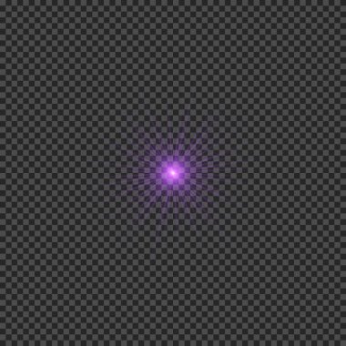 Lens fişeklerinin ışık etkisi. Mor parlak ışık efektleri ve şeffaf bir arka planda parıltılar. Vektör illüstrasyonu