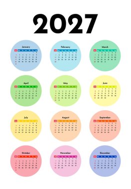 2027 takvimi beyaz arka planda izole edildi. Pazardan pazartesiye, iş planı. Vektör illüstrasyonu