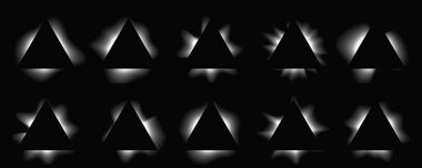 Büyük bir üçgen kümesi çerçeveleri gradyanla aydınlatır. Siyah arkaplanda 10 beyaz neon pankart var. Vektör illüstrasyonu