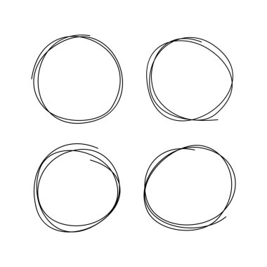 Soyut, minimalist tarzda dört adet el çizimi daireler. Dağınık yuvarlak çizgi şekilleri modern grafik tasarım, sunumlar ve sosyal medya paylaşımları için mükemmeldir. Vektör illüstrasyonu