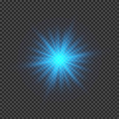 Lens fişeklerinin ışık etkisi. Şeffaf bir arka planda parıldayan mavi ışıklar yıldız patlaması efektleri. Vektör illüstrasyonu