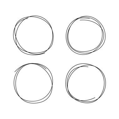 Soyut, minimalist tarzda dört adet el çizimi daireler. Dağınık yuvarlak çizgi şekilleri modern grafik tasarım, sunumlar ve sosyal medya paylaşımları için mükemmeldir. Vektör illüstrasyonu