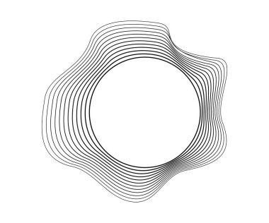Dinamik dalgalı çizgili yuvarlak kıvrımlı ses dalgaları. Beyaz arka planda siyah dalgalı daireler. Tasarım elemanı. Vektör illüstrasyonu