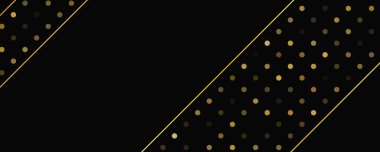 Soyut altın çizgileri ve parlak noktaları olan gösterişli, koyu bir arka plan. Işıldayan pırıltılı arkaplan. Modern şablonlar için şık ve zarif bir tasarım. Vektör illüstrasyonu