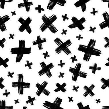 Elle çizilmiş çapraz sembollü kusursuz desen. Beyaz arka planda siyah çizim işareti. Vektör illüstrasyonu