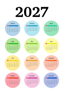 2027 takvimi beyaz arka planda izole edildi. Pazardan pazartesiye, iş planı. Vektör illüstrasyonu