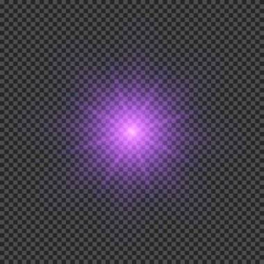 Lens fişeklerinin ışık etkisi. Mor parlak ışık efektleri ve şeffaf bir arka planda parıltılar. Vektör illüstrasyonu