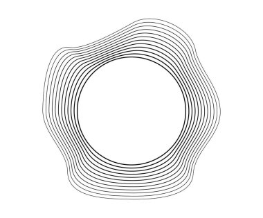 Dinamik dalgalı çizgili yuvarlak kıvrımlı ses dalgaları. Beyaz arka planda siyah dalgalı daireler. Tasarım elemanı. Vektör illüstrasyonu