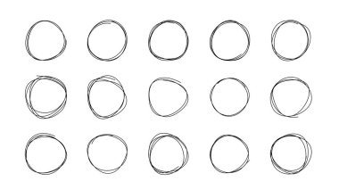 Soyut, minimalist tarzda el çizimi büyük daireler. Dağınık yuvarlak çizgi şekilleri modern grafik tasarım, markalaşma, sunumlar, sosyal medya iletileri ve yaratıcı çizimler için mükemmeldir. Vektör illüstrasyonu