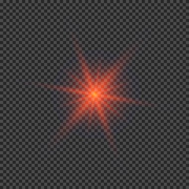 Lens fişeklerinin ışık etkisi. Şeffaf bir arka planda parıldayan kırmızı ışıklar yıldız patlaması efektleri. Vektör illüstrasyonu