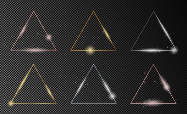 Koyu şeffaf arkaplanda izole edilmiş altı altın, gümüş ve gül sarısı parıldayan üçgen çerçeve. Parlak efektli parlak bir çerçeve. Vektör illüstrasyonu