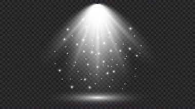 Spot ışıklarıyla birlikte soğuk beyaz ışık. Koyu şeffaf bir arkaplanda sahne aydınlatma efektleri. Vektör illüstrasyonu