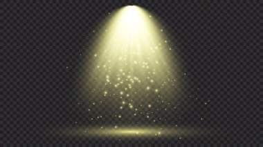 Sahne ışıklarıyla birlikte soğuk sarı ışık. Koyu şeffaf bir arkaplanda sahne aydınlatma efektleri. Vektör illüstrasyonu