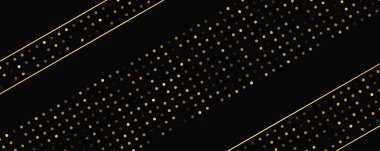 Soyut altın çizgileri ve parlak noktaları olan gösterişli, koyu bir arka plan. Işıldayan pırıltılı arkaplan. Modern şablonlar için şık ve zarif bir tasarım. Vektör illüstrasyonu