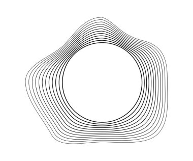 Dinamik dalgalı çizgili yuvarlak kıvrımlı ses dalgaları. Beyaz arka planda siyah dalgalı daireler. Tasarım elemanı. Vektör illüstrasyonu