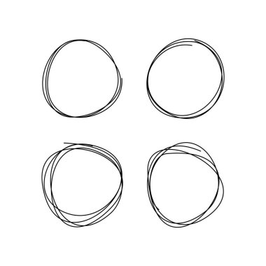 Soyut, minimalist tarzda dört adet el çizimi daireler. Dağınık yuvarlak çizgi şekilleri modern grafik tasarım, sunumlar ve sosyal medya paylaşımları için mükemmeldir. Vektör illüstrasyonu