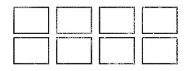 Dikdörtgen biçiminde grunge kenarlıkları kümesi. Beyaz zemin üzerinde boşluk olan sekiz tane koyu desenli çerçeve koleksiyonu. Vektör illüstrasyonu