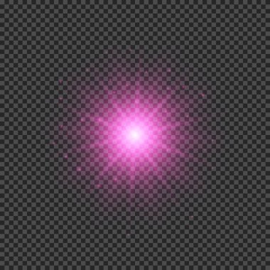 Lens fişeklerinin ışık etkisi. Mor parlak ışık efektleri ve şeffaf bir arka planda parıltılar. Vektör illüstrasyonu