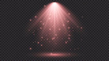 Spot ışıklarıyla birlikte soğuk kırmızı ışık. Koyu şeffaf bir arkaplanda sahne aydınlatma efektleri. Vektör illüstrasyonu